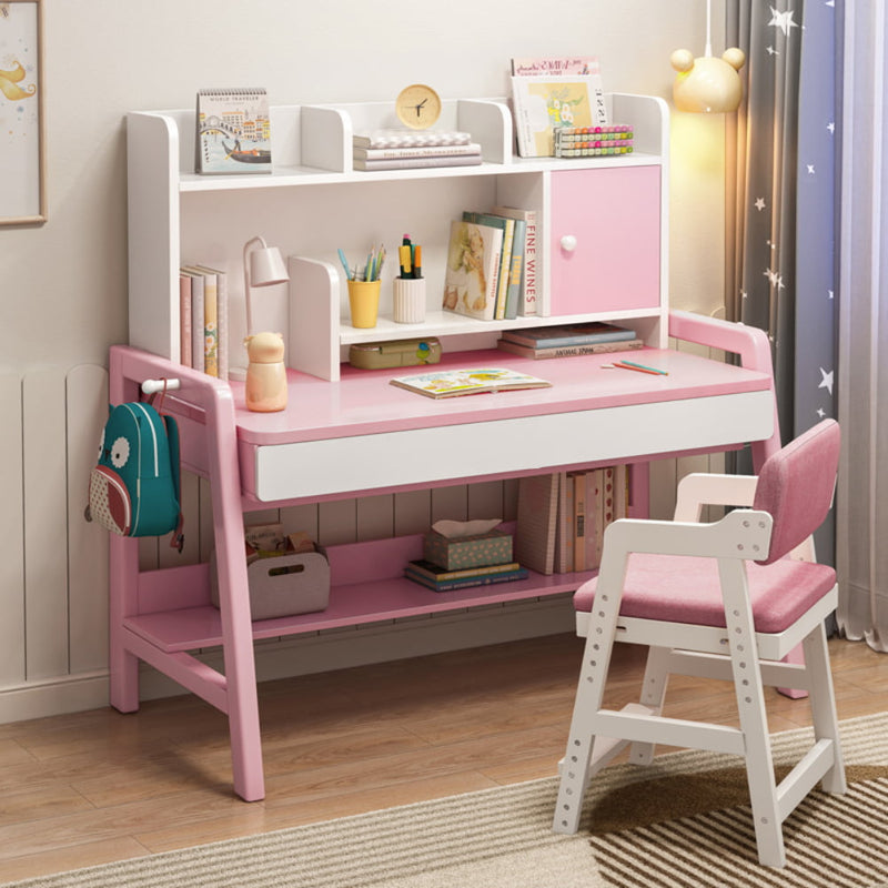 Kids Wood Study Hutch Desk Straight Back Chair, Child Desk And Chair Set,  Pink 