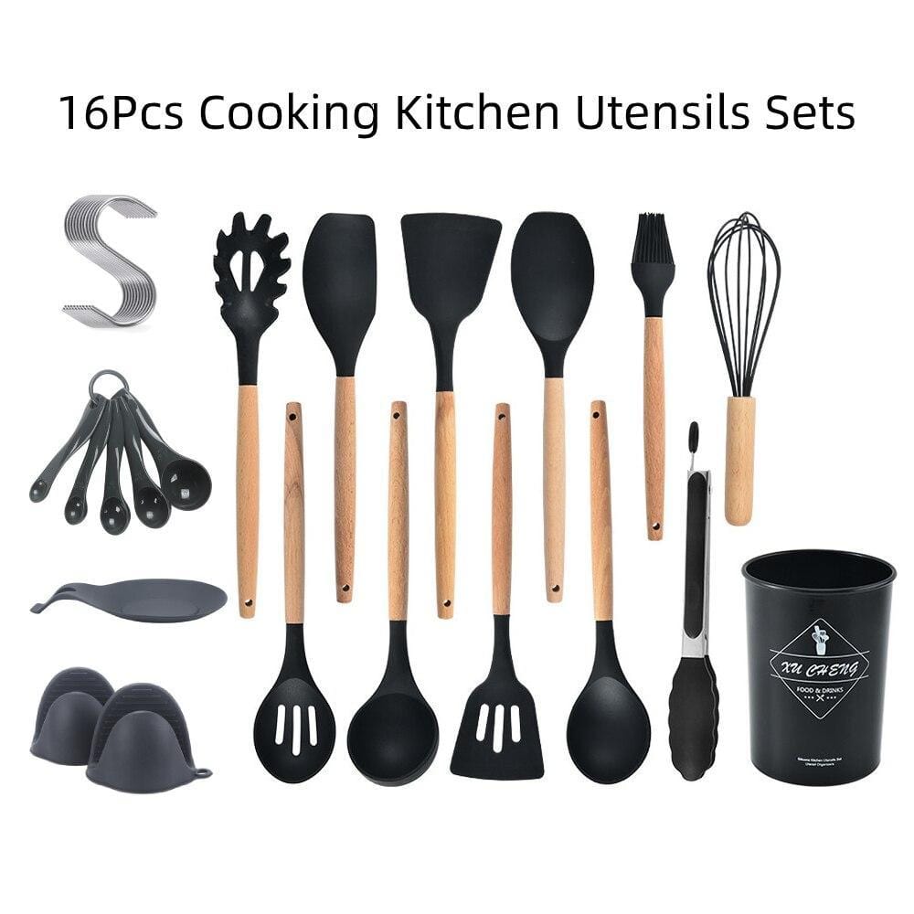 12-Piece Silicone Kitchen Cooking Utensils Set with Holder, Wooden Handle  Utensils for Cooking, Kitchen Tools Include Spatula Turner Spoons Soup  Ladle