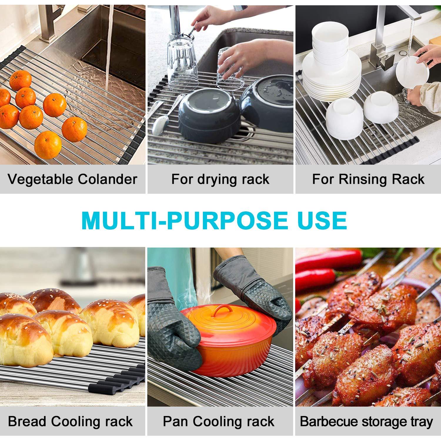 Multi Roll Up Dish Drying Rack Over Sink Dish Drainer with Utensil Holder  Foldable Fruit Vegetable Meat Mat kitchen Organizer