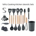12/16Pcs Kitchen Silicone Cooking Utensil Set Black Wooden Spoons for Cooking Gadgets Spatula Holder Handle Heat Resistant Ladle - Image 12