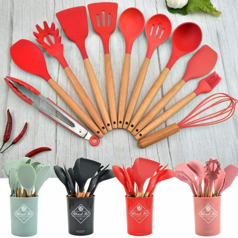 1_1-1.jpg 12/16Pcs Kitchen Silicone Cooking Utensil Set Black Wooden Spoons for Cooking Gadgets Spatula Holder Handle Heat Resistant Ladle - Image 1