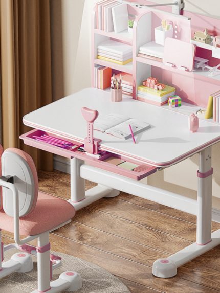 LYHOE Kids Desk and Chair Set Height Adjustable, 31.5"W Ergonomic Children School Writing Study Table with Tilt Desktop, Drawers, LED Lamp, Bookstand, Workstation Office Desk