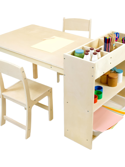 Kids Art Table and Chair Set, Birch Wooden Activity Craft Table, Kids Drawing Table, Toddler Desk with Storage and 1 Chair