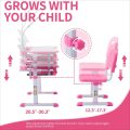 Diroan Kids Functional Desk and Chair Set, Ergonomic Height Adjustable Children School Study Desk with Tilt Desktop, Book Stand, LED Light, Metal Hook and Storage Drawer for Boys Girls(Pink) - Image 4