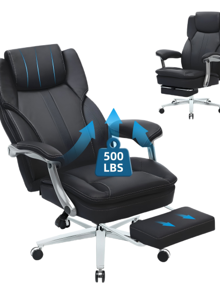 Big and Tall Office Chair with Footrest, Ergonomic High Back Executive Chair with Extra Wide Area Armrest, 500LBS PU Leather Managerial Home Desk Chair with 90-135°Reclining