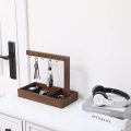 Wood Entryway Tabletop Key Holder Rack，Rustic Burnt Decorative Organizer with Storage Tray and Brass Tone Hooks，Jewelry Key Stand Hjavascript:anging Organizer - Image 2