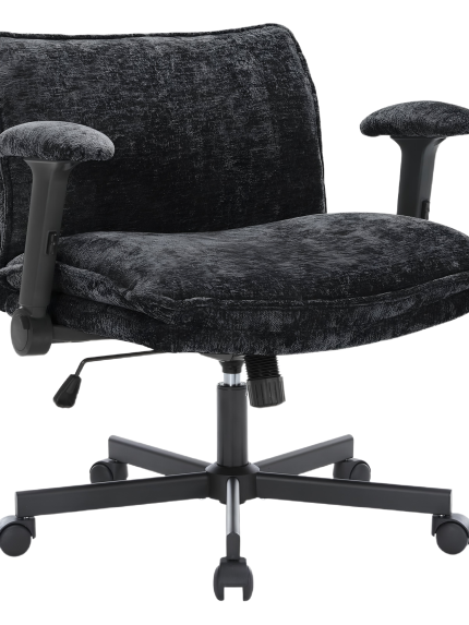 Cross Legged Office Chair with Wheels and Adjustable Flip-Arms, Criss Cross Desk Chair with Thick Cushion, Wide Seat Office Chair, Comfy Swivel Chair for Home Office, Apartment, Bedroom, Black