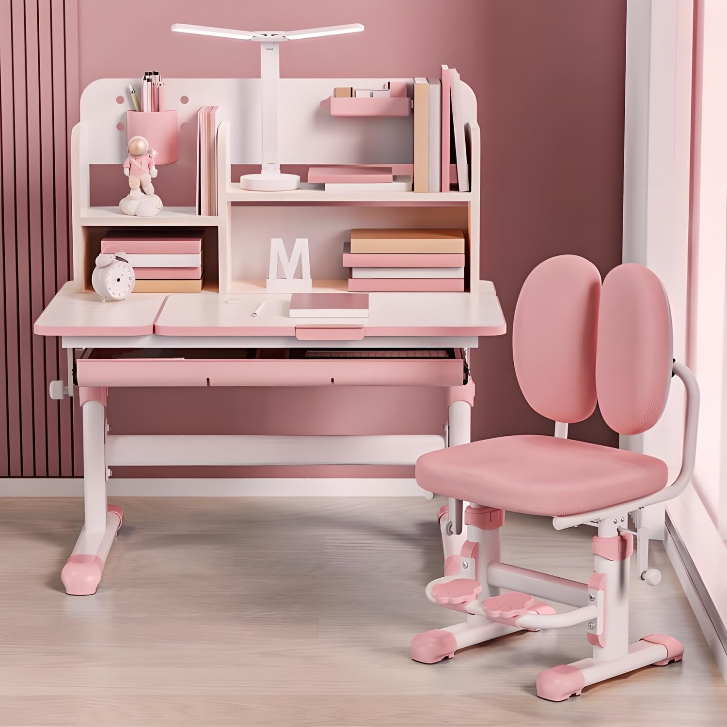 71-3clkIclL._AC_SL1500_-5.jpg Kids Study Desk and Chair Set, Height Adjustable Children Table School Writing Desk with Tilt Desktop, Multi Functional Ergonomic Student's Workstation with Drawers, LED Light, Bookstand (Pink) - Image 1