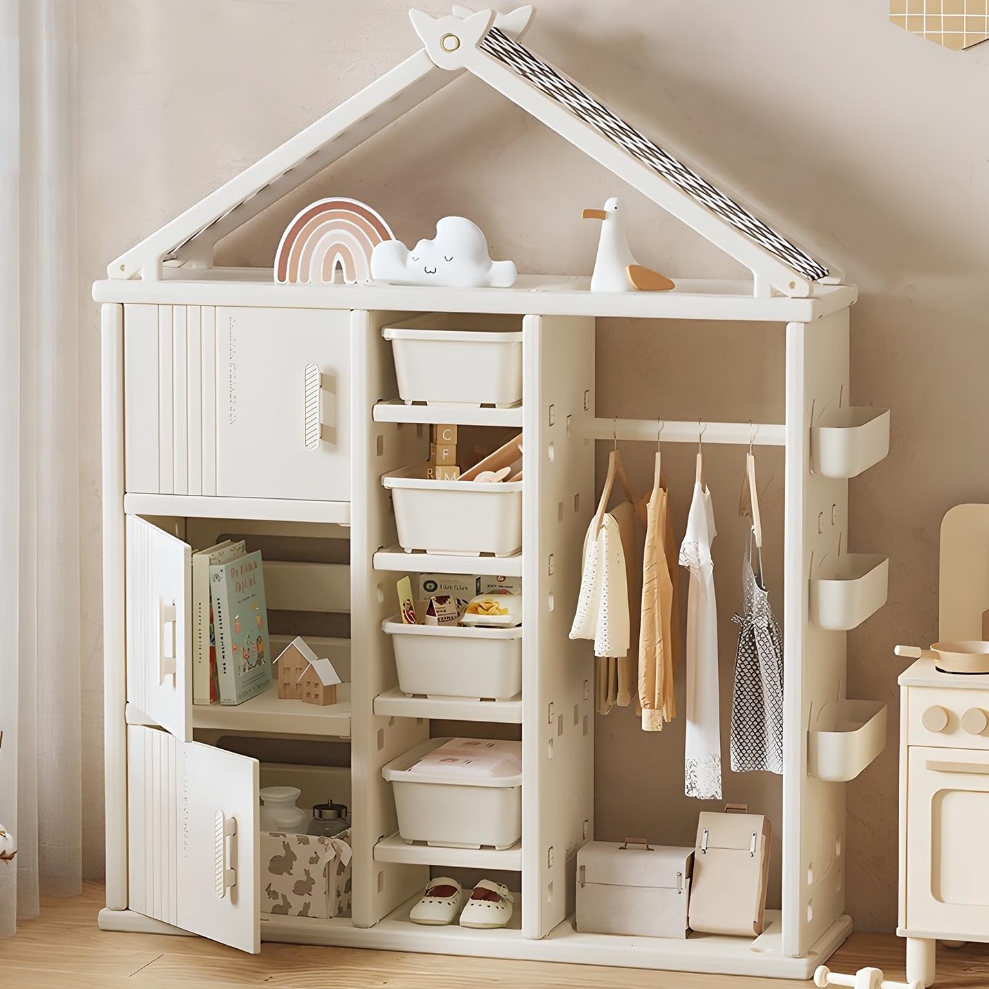 713irnQbAtL._AC_SL1431_-4.jpg Kids Play Armoire Dress Up and Costumes Storage Closet, Open Hanging Wardrobe with Storage Bins, Baskets, Baby Clothes Organizer Cabinet for Bedroom, Children Pretend Dresser - Image 1