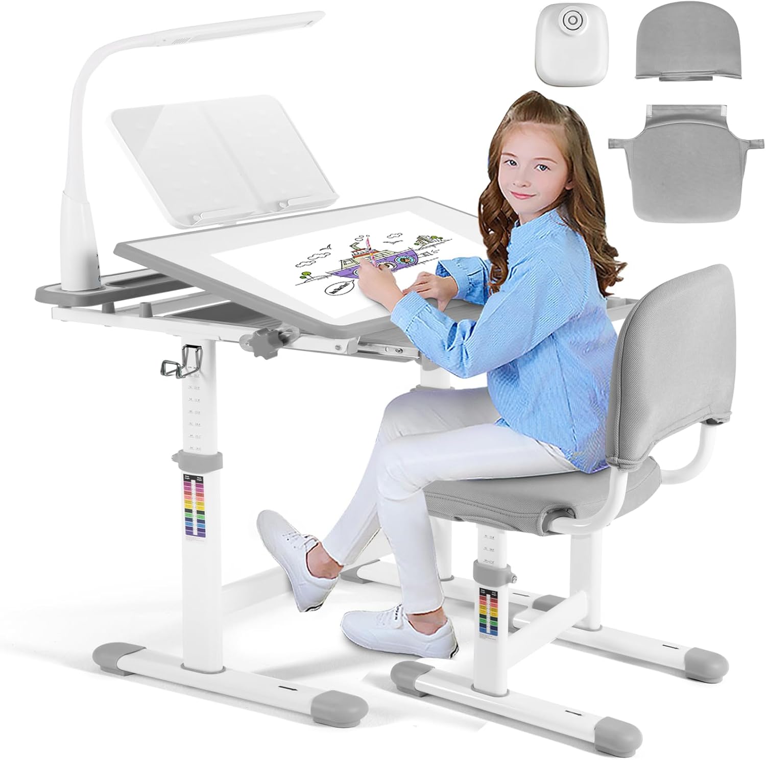 71FGFaeTxDL._AC_SL1500_-5.jpg Artist hand Kids Study Desk and Chair Set Height Adjustable Children School Girl Table Large Writing Board Desk with LED Lamp Pull Out Drawer Pencil Case Bookstand - Image 1