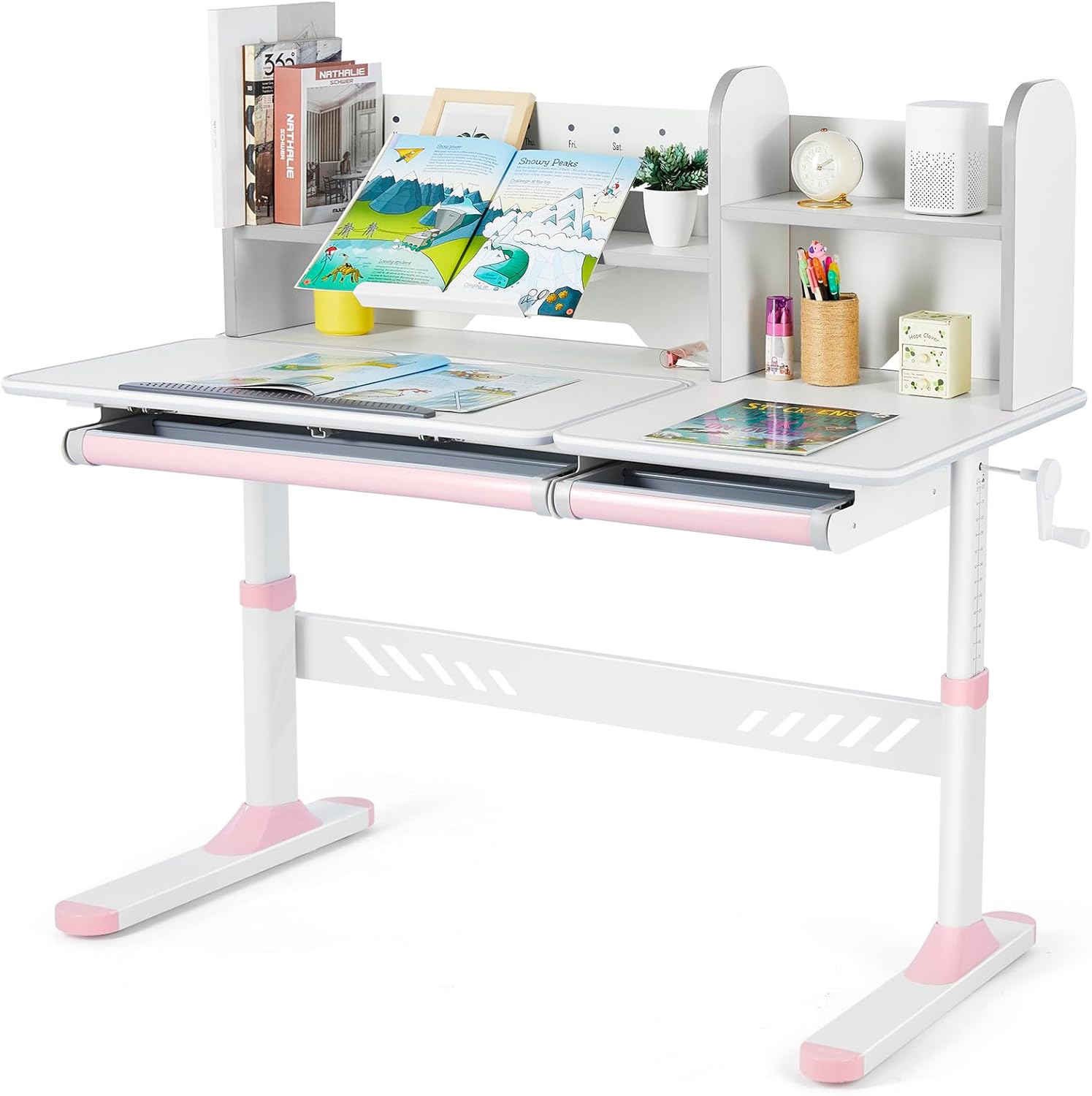 71Jn8F6vnUL._AC_SL1500_-4.jpg COSVALVE Adjustable Kids Desk with Hutch and Drawers, 47" Wide Multifunction Ergonomic Study Table, with Two Storage Drawer, Tilt Desktop, Height Adjust for Home or School Use, for Girls (Pink) - Image 1