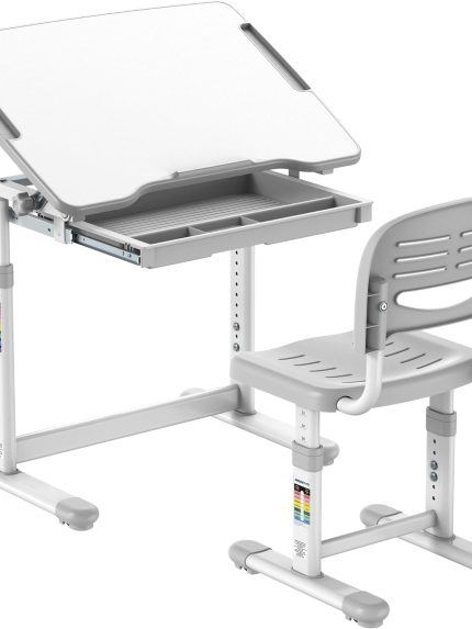 Mount-It! Kids Desk and Chair Set Height Adjustable up to 30" Ergonomic Kids Desk School, Kids Table and Chairs for Student 26" x 18" Tabletop with Pencil Drawer, 3-10 Age Children, Grey