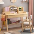 Kids Study Desk and Chair Set, Adjustable Height Solid Wood Bedroom Furniture, Pink Table and Chair with Shelves and Drawer, School Students Home Office Workstation (Pink) - Image 10