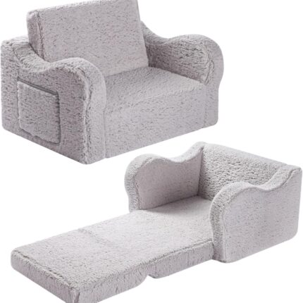 Kids Chairs for Toddler, 2-in-1 Toddler Soft Sherpa Couch Fold Out, Convertible Sofa to Lounger for Girls and Boys, Grey