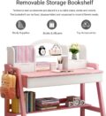 Kids Study Desk and Chair Set, Adjustable Height Solid Wood Bedroom Furniture, Pink Table and Chair with Shelves and Drawer, School Students Home Office Workstation (Pink) - Image 4