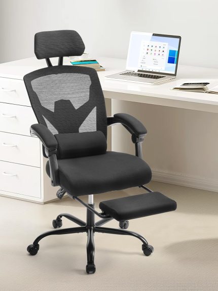 Sweetcrispy Office Computer Desk Chair, Ergonomic High-Back Mesh Rolling Work Swivel Chairs with Wheels, Comfortable Lumbar Support, Comfy Arms for Home, Bedroom, Study, Student, Black