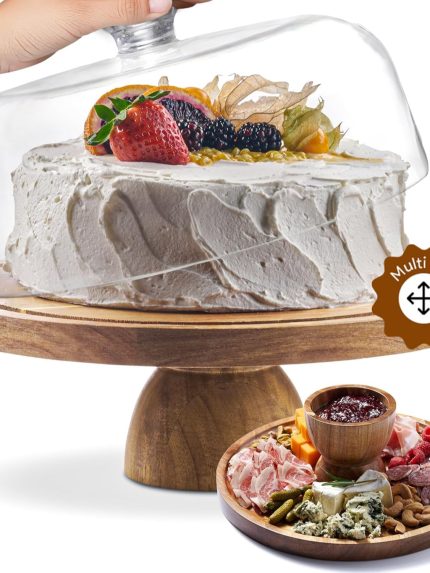 Acacia Wood Cake Stand with Lid - 12in Round Cake Holder, 2-in-1 Dessert Table Display Set & Charcuterie Board for Cheese, Chips & Dips, Nachos, Fruit Platter, Large Acrylic Cake Dome Cover