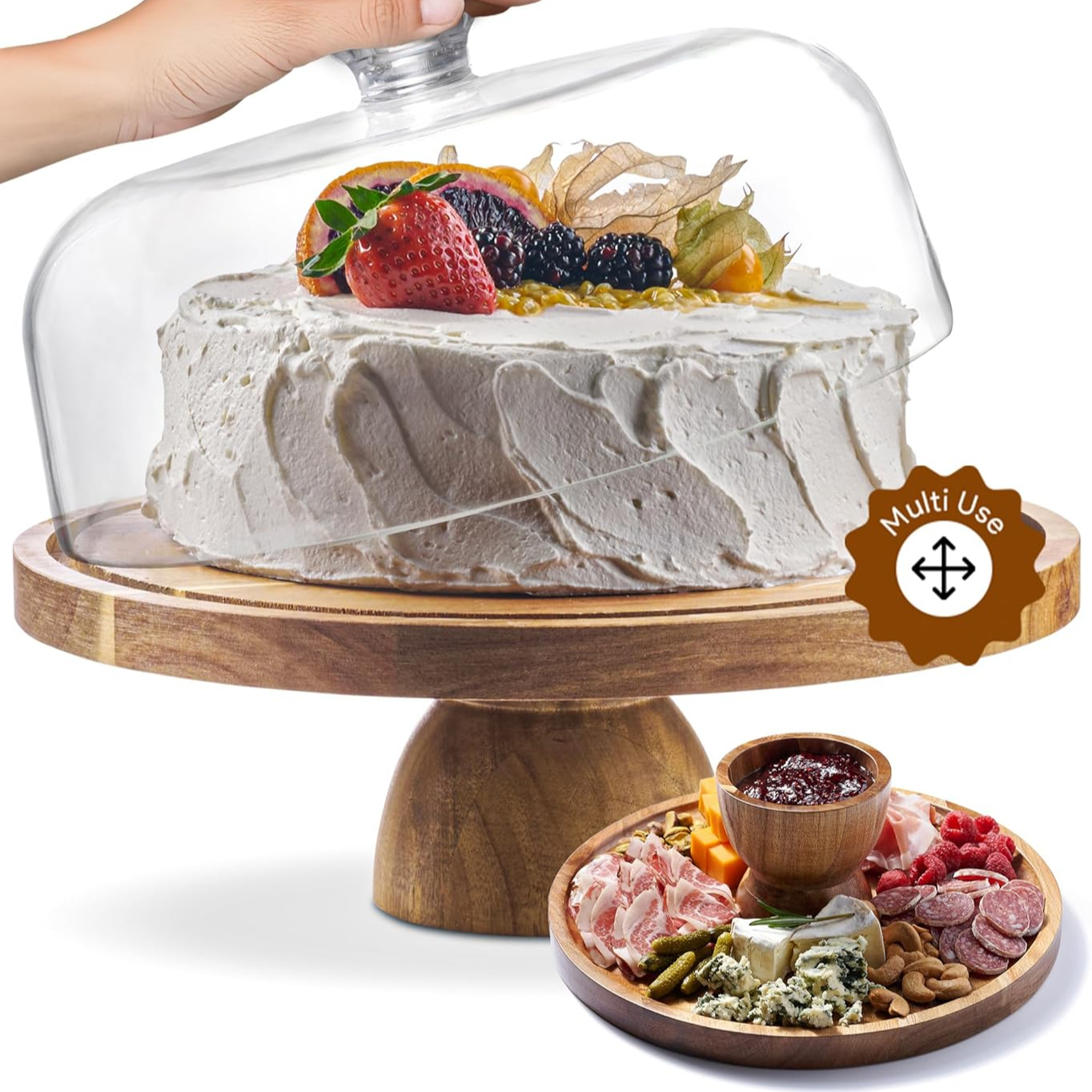 75690c7ed5b24fdf16951774a58dbcba-1.jpg Acacia Wood Cake Stand with Lid - 12in Round Cake Holder, 2-in-1 Dessert Table Display Set & Charcuterie Board for Cheese, Chips & Dips, Nachos, Fruit Platter, Large Acrylic Cake Dome Cover - Image 1