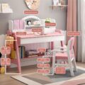Kids Study Desk and Chair Set, Adjustable Height Solid Wood Bedroom Furniture, Pink Table and Chair with Shelves and Drawer, School Students Home Office Workstation (Pink) - Image 2