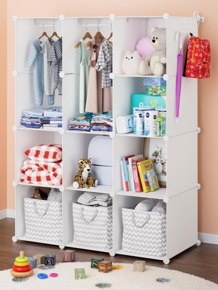 Baby Closet Organizer for Nursery: Durable Baby Wardrobe for Closet - Customizable Baby Armoire - Baby Dresser Closet Shelves - Waterproof Shelf Clothes Organizer w/Wall Fixation (White)
