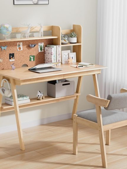 DELAVIN 39.37" Kids Desk and Chair Set, Solid Wood Desk with Drawers for Kids, Desk Hutch with Cork Bulletin Board, Computer Desk with Chair for Kids, Natural