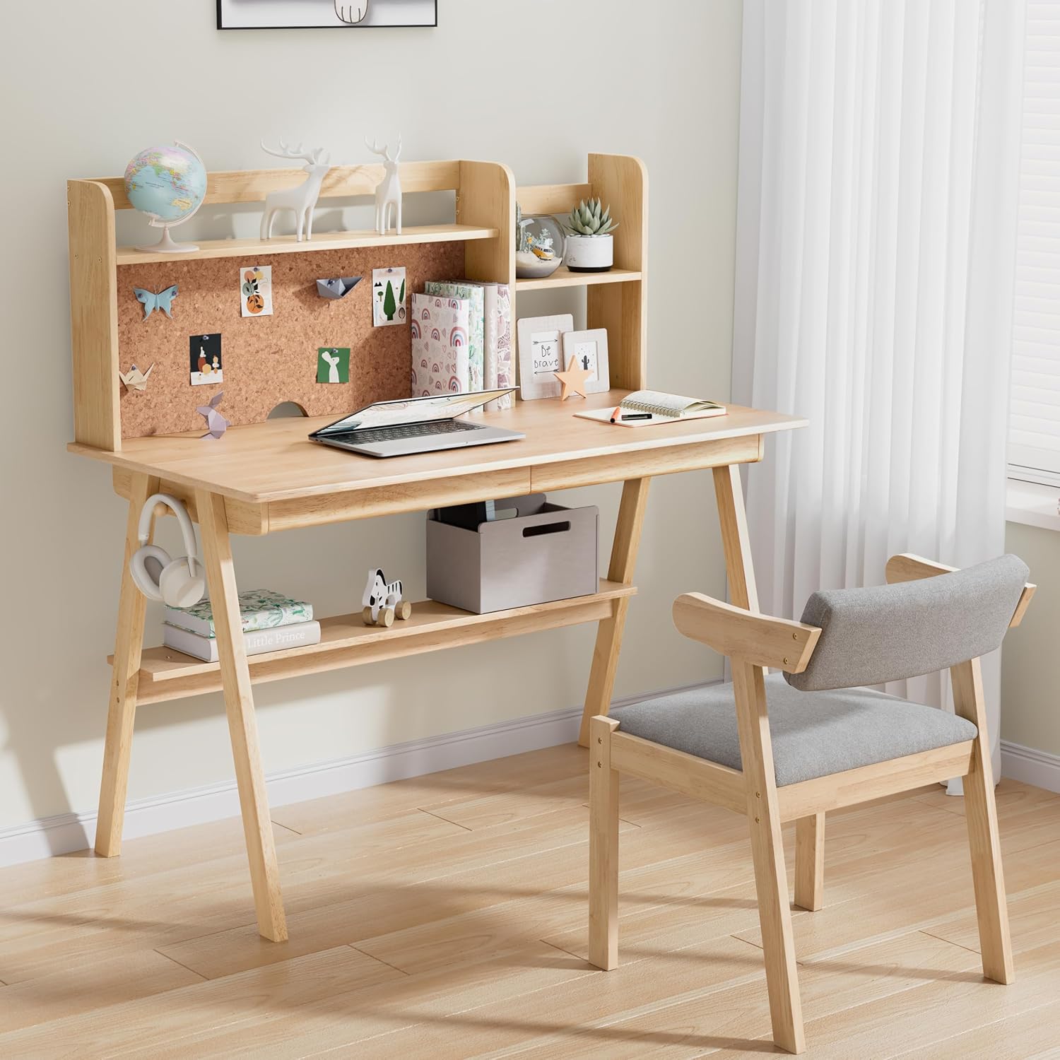 81YjuYW-OSL._AC_SL1500_-5.jpg DELAVIN 39.37" Kids Desk and Chair Set, Solid Wood Desk with Drawers for Kids, Desk Hutch with Cork Bulletin Board, Computer Desk with Chair for Kids, Natural - Image 1