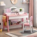 Kids Study Desk and Chair Set, Adjustable Height Solid Wood Bedroom Furniture, Pink Table and Chair with Shelves and Drawer, School Students Home Office Workstation (Pink)