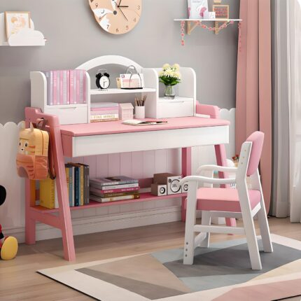 Kids Study Desk and Chair Set, Adjustable Height Solid Wood Bedroom Furniture, Pink Table and Chair with Shelves and Drawer, School Students Home Office Workstation (Pink)