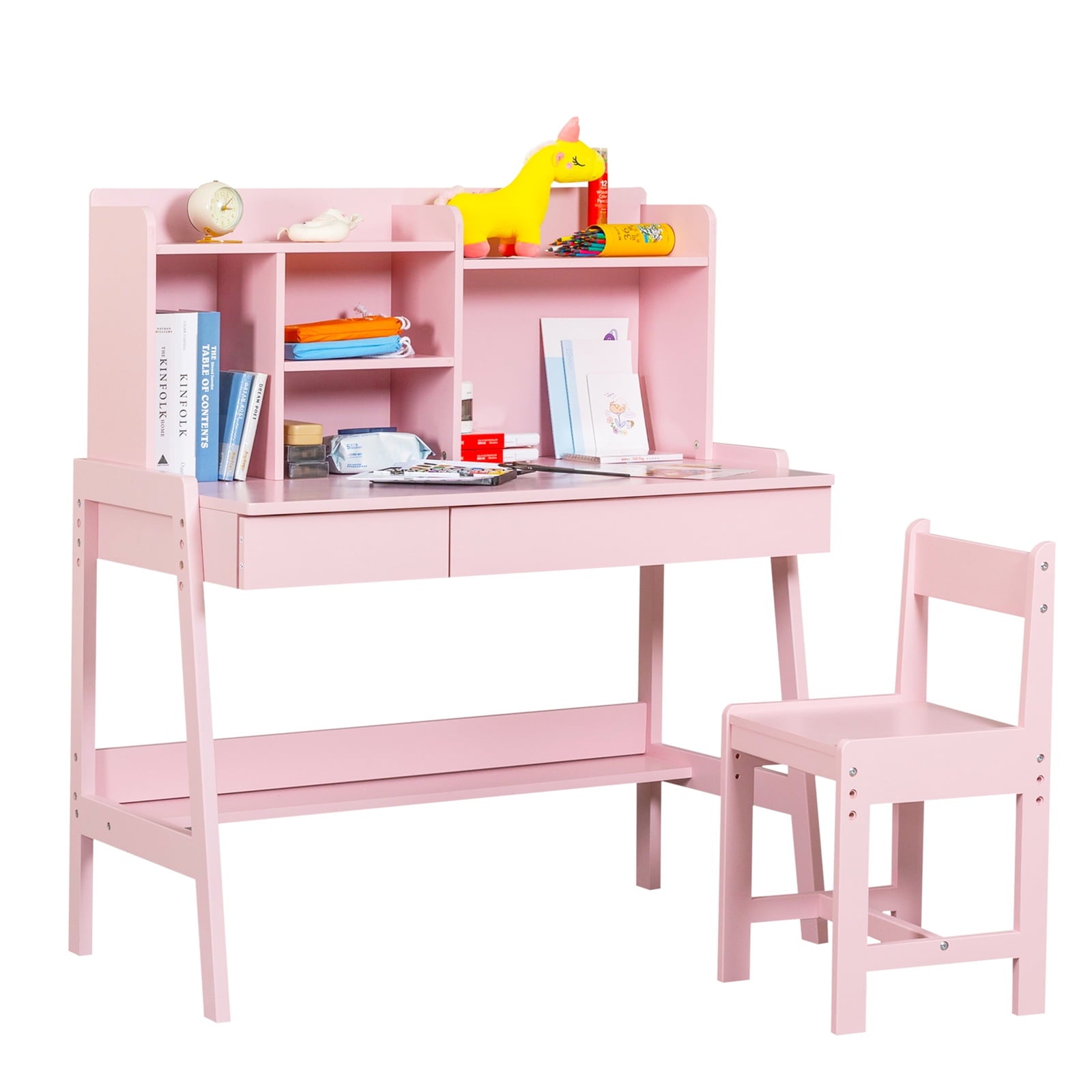 Children-s-Desk-Chair-Set-Wood-Study-Set-Adjustable-Height-Large-Drawer-Student-Writing-Computer-Workstation-Bookcase-Open-Shelf-Family_057a56da-586b-4d40-ae22-3518a095fbaf.9e4d63a52b-9.jpg Children's Desk and Chair Set, Wood Study Desk Set with Adjustable Height and Large Drawer, Student Writing Desk Computer Workstation with Bookcase and Open Shelf for Family - Image 1