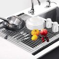 LYHO Kitchen Roll Up Dish Drying Rack Over The Sink Shelf Foldable Stainless Steel Drainer Gadgets