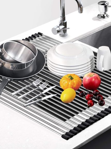 LYHO Kitchen Roll Up Dish Drying Rack Over The Sink Shelf Foldable Stainless Steel Drainer Gadgets