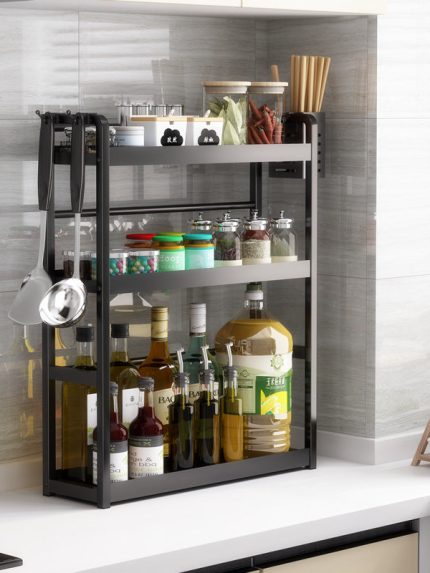 Kitchen Storage Shelves Metal Storage Spice Rack Organizer Corner Shelf with Hooks 3-2 Tier Countertop Household Holder Pantry