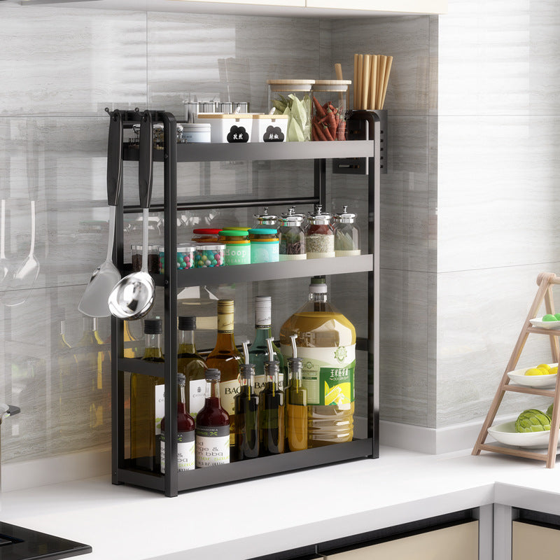 Kitchen-Storage-Shelves-Metal-Storage-Spice-Rack-Organizer-Corner-Shelf-with-Hooks-3-2-Tier-Countertop_8d0e5ec6-7072-4653-94f8-4461bf820f8c-1.jpg Kitchen Storage Shelves Metal Storage Spice Rack Organizer Corner Shelf with Hooks 3-2 Tier Countertop Household Holder Pantry - Image 1