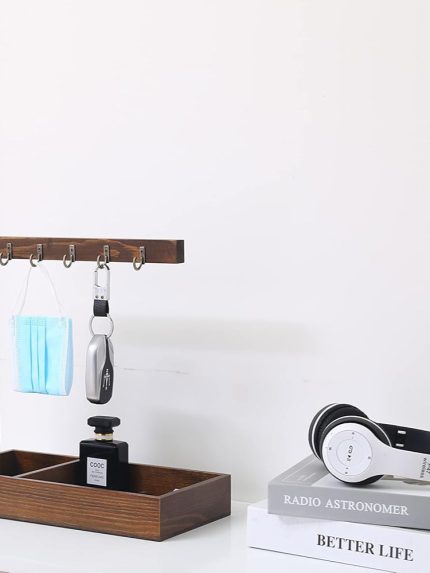 Wood Entryway Tabletop Key Holder Rack，Rustic Burnt Decorative Organizer with Storage Tray and Brass Tone Hooks，Jewelry Key Stand Hjavascript:anging Organizer